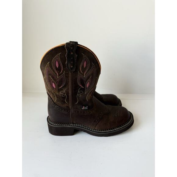 JUSTIN Youth Size 5.5 B Brown L9526 Orange Leather Square Toe Cowboy Boots Gypsy - Picture 4 of 7